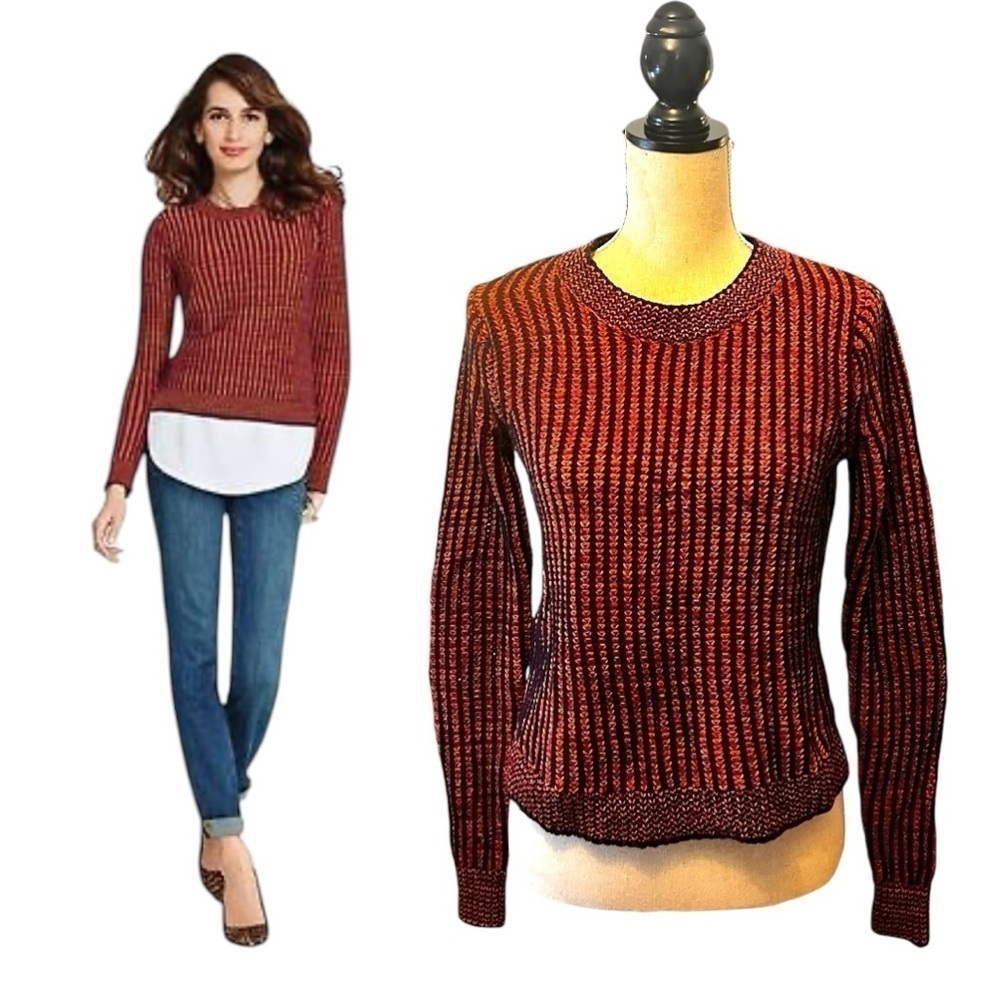 CAbi Melange Lava Stripped 100% Cotton Fisherman Knit Crew Neck Sweater - Orange